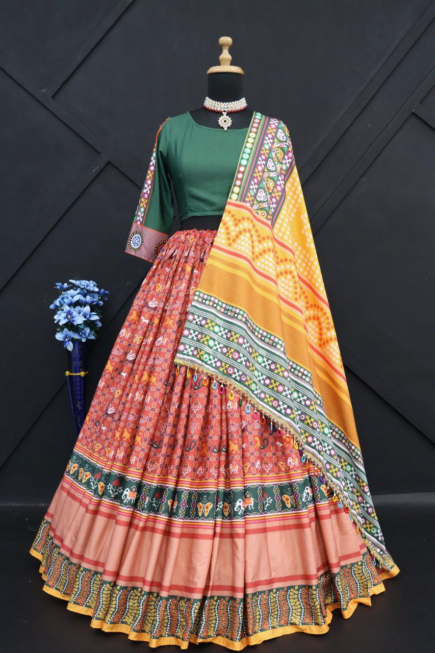 Stylish Digital Printed Butter Silk Lehenga Choli with Mirror Work Dupatta