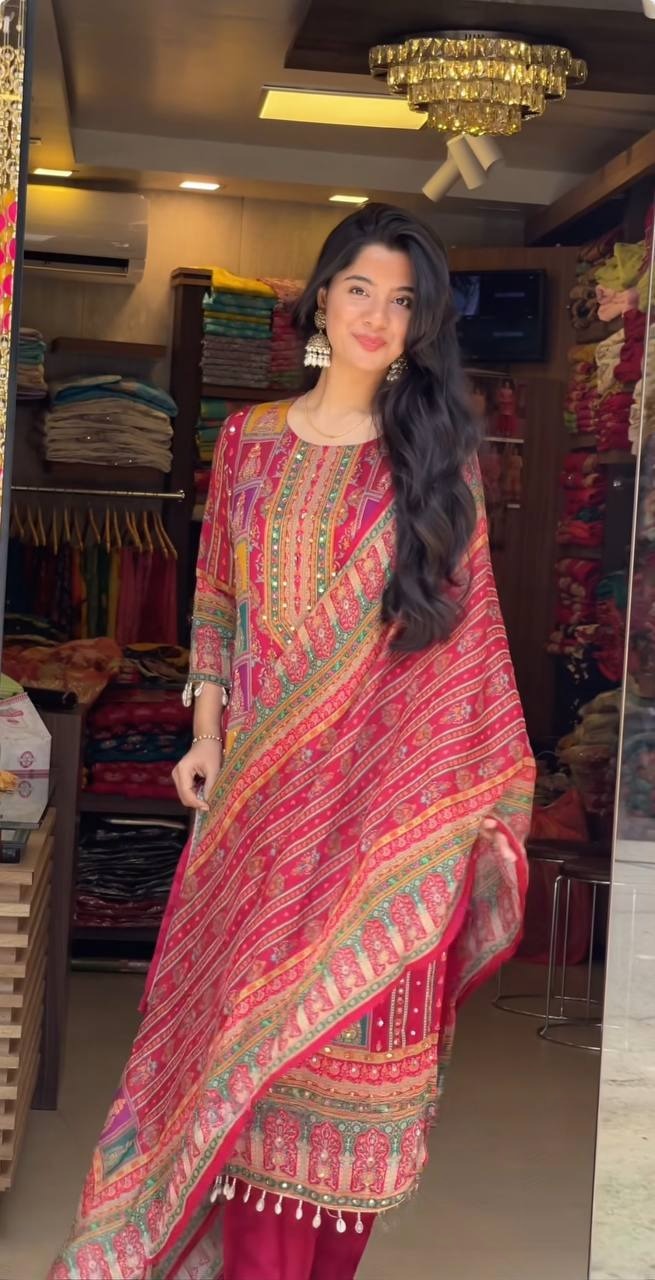 Premium Maslin Mirror Work Top & Dupatta Set with Roman Silk Pant