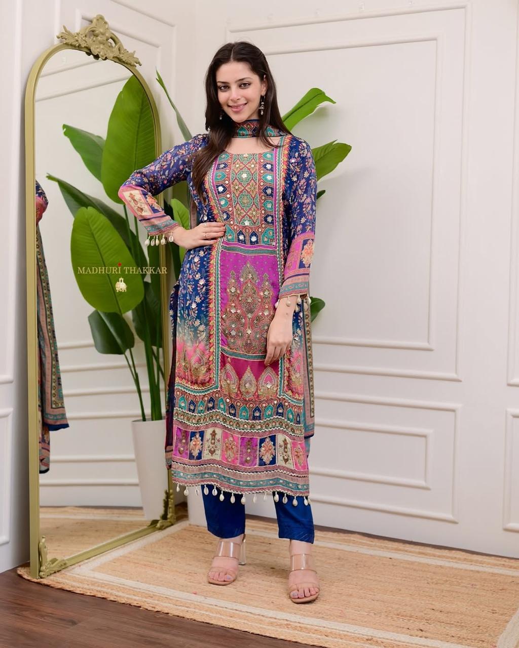 Elegant Chinon Kurti with Dupatta & Stone Work