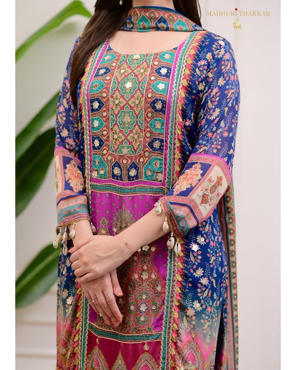 Elegant Chinon Kurti with Dupatta & Stone Work