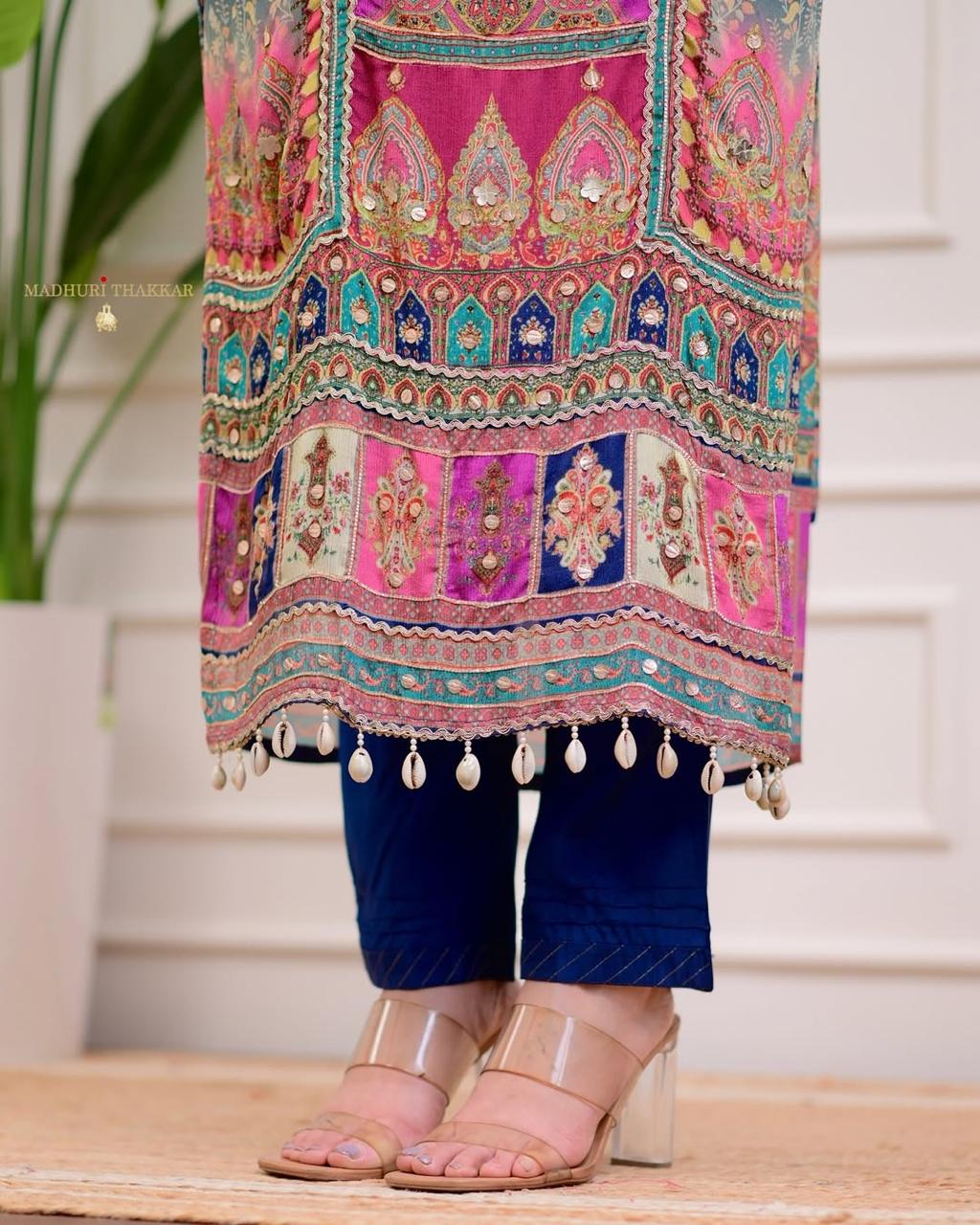 Elegant Chinon Kurti with Dupatta & Stone Work