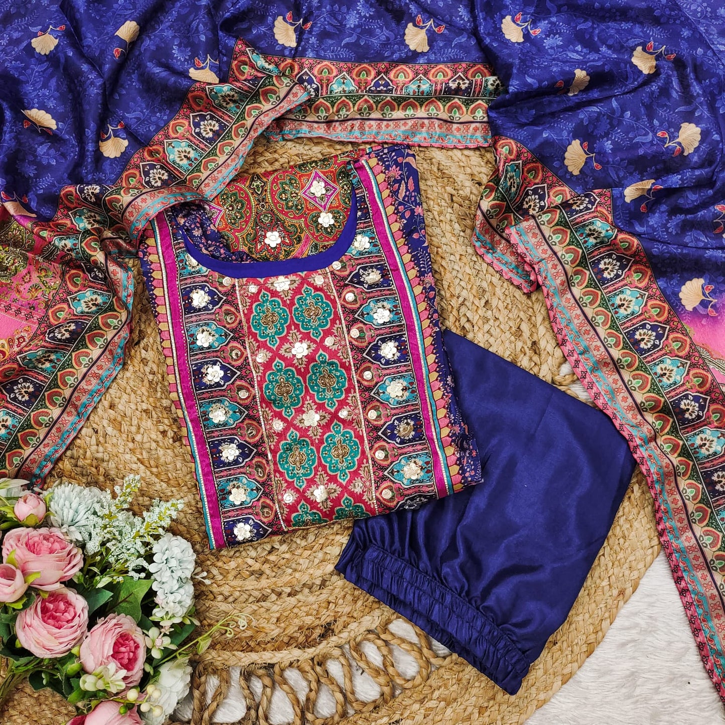 Elegant Chinon Kurti with Dupatta & Stone Work