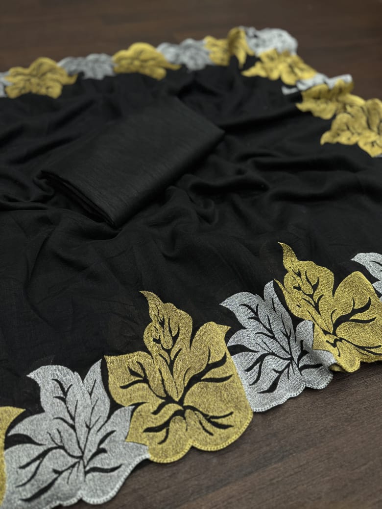 Elegant Vichitra Silk Saree with Zari Leaf Work & Banglori Blouse