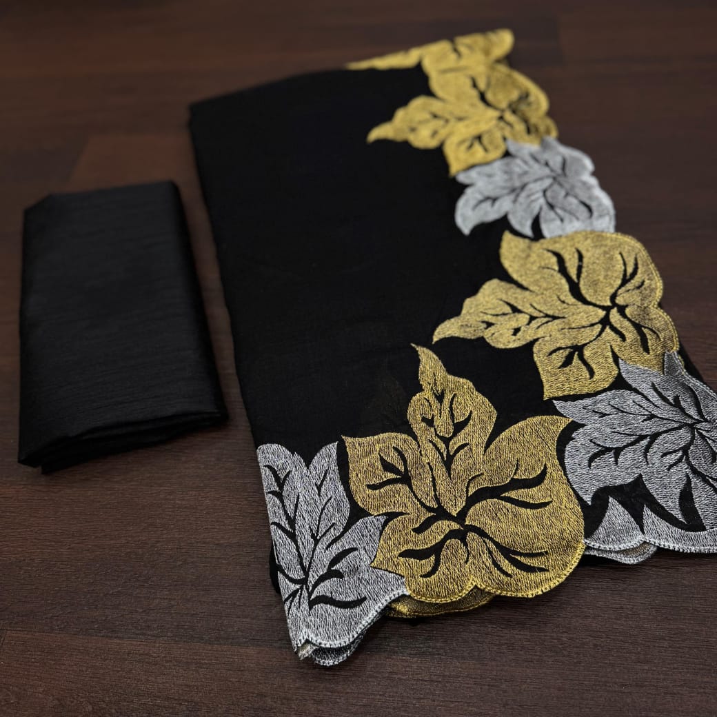 Elegant Vichitra Silk Saree with Zari Leaf Work & Banglori Blouse