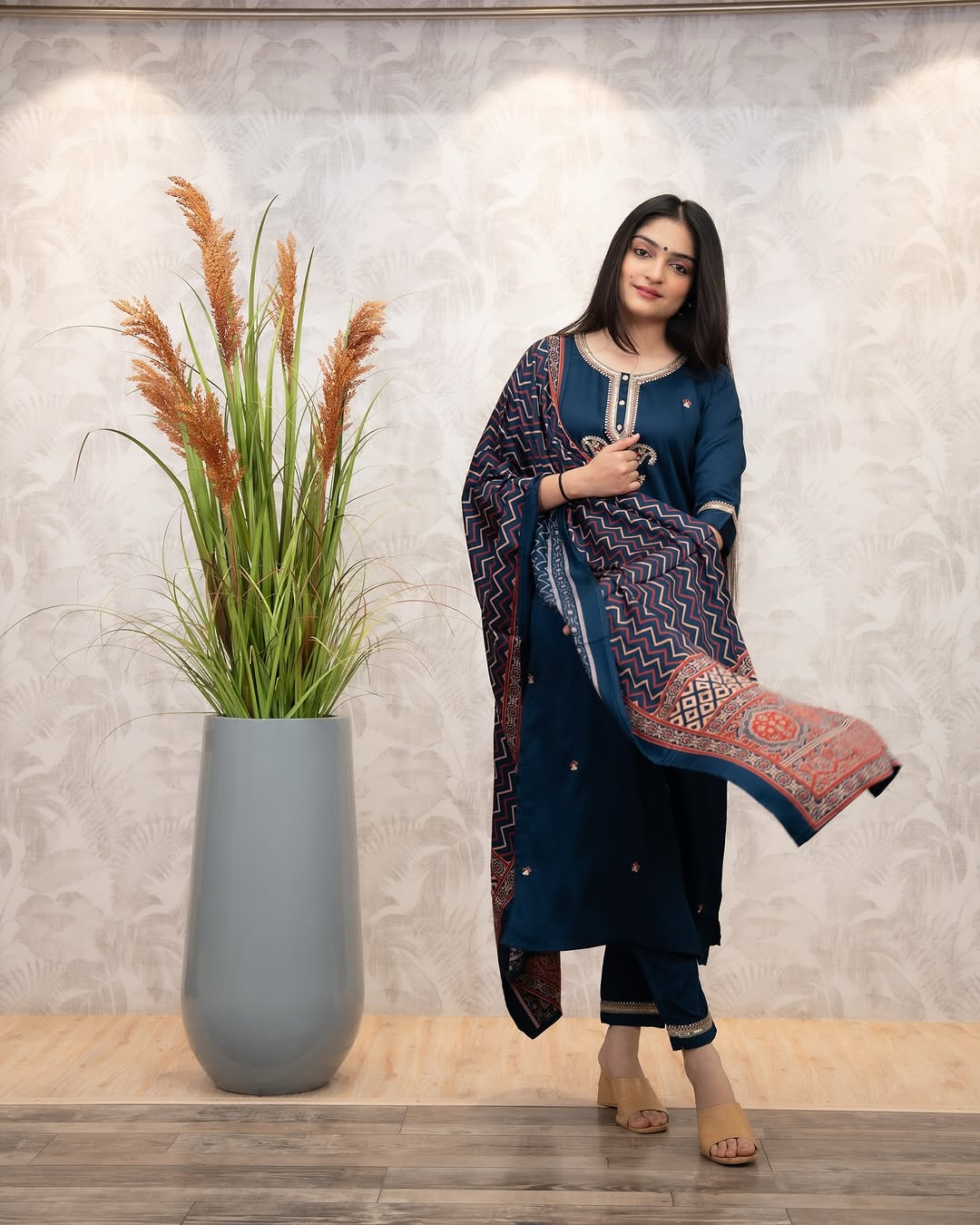 Elegant Chanderi Silk Kurti Set with Embroidered Muslin Dupatta