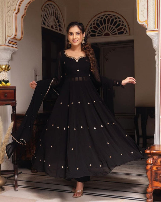 Black Gold Handwork Georgette Anarkali Set
