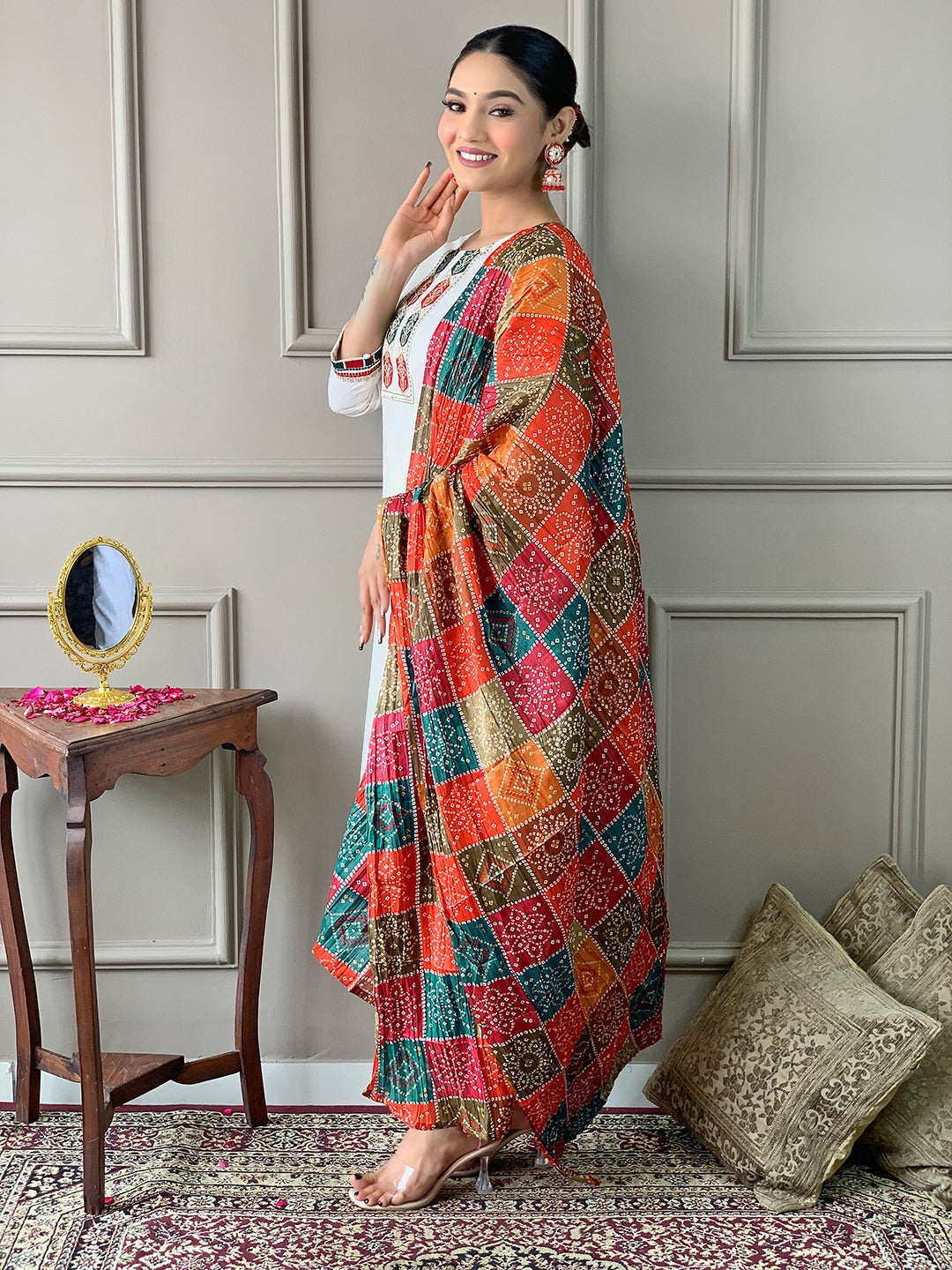 Embroidered Viscose Kurti Set with Silk Blend Dupatta