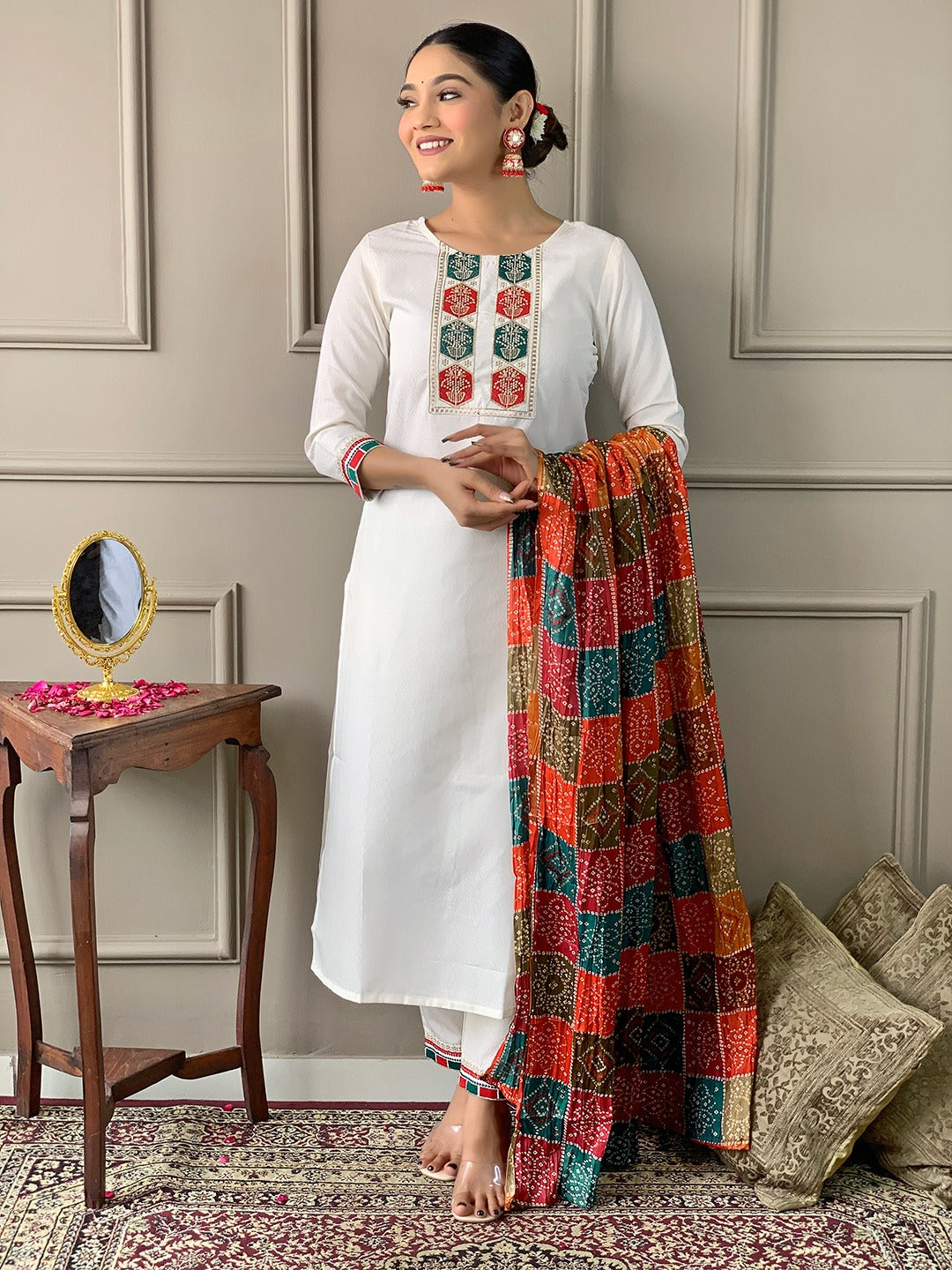 Embroidered Viscose Kurti Set with Silk Blend Dupatta