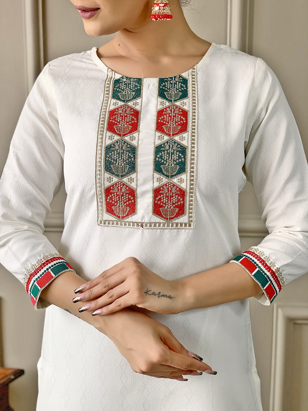 Embroidered Viscose Kurti Set with Silk Blend Dupatta
