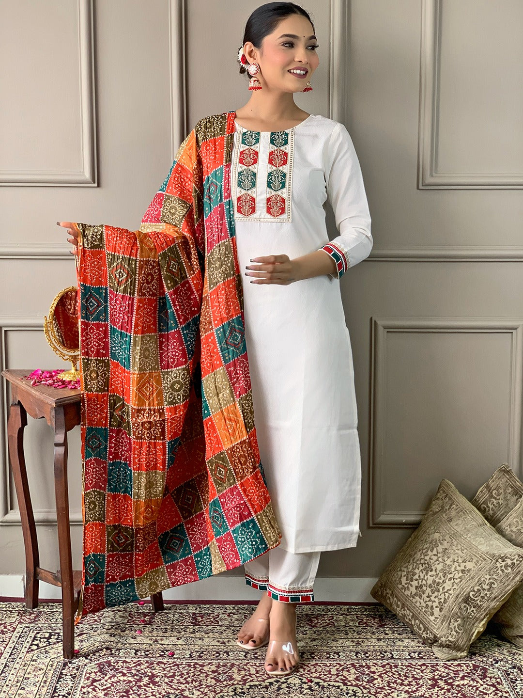 Embroidered Viscose Kurti Set with Silk Blend Dupatta