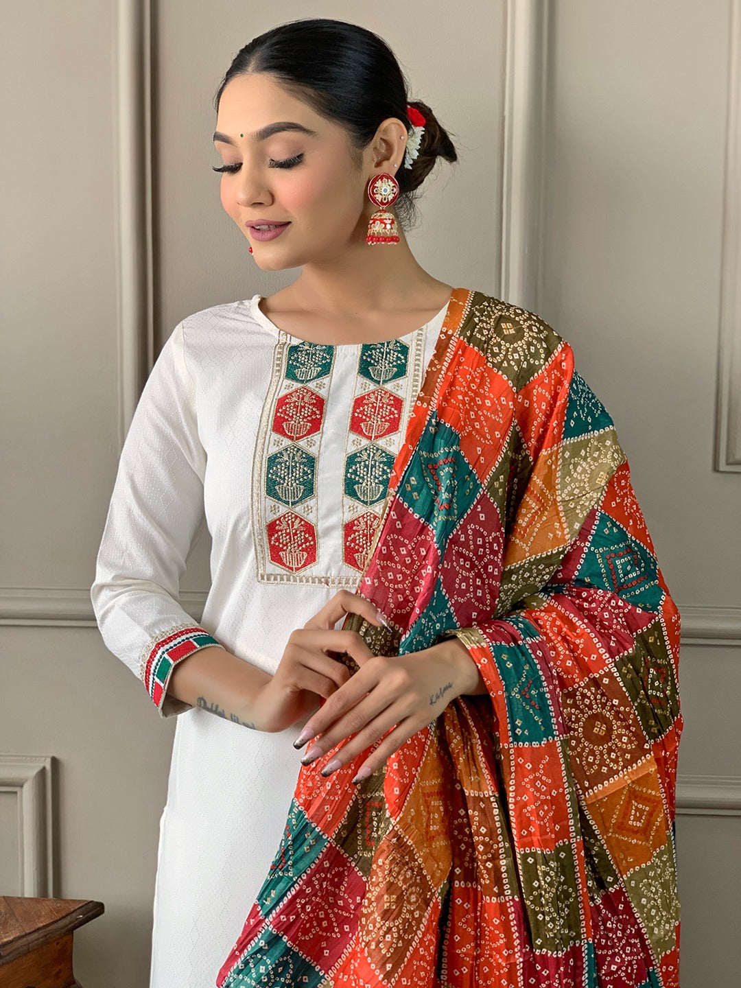 Embroidered Viscose Kurti Set with Silk Blend Dupatta