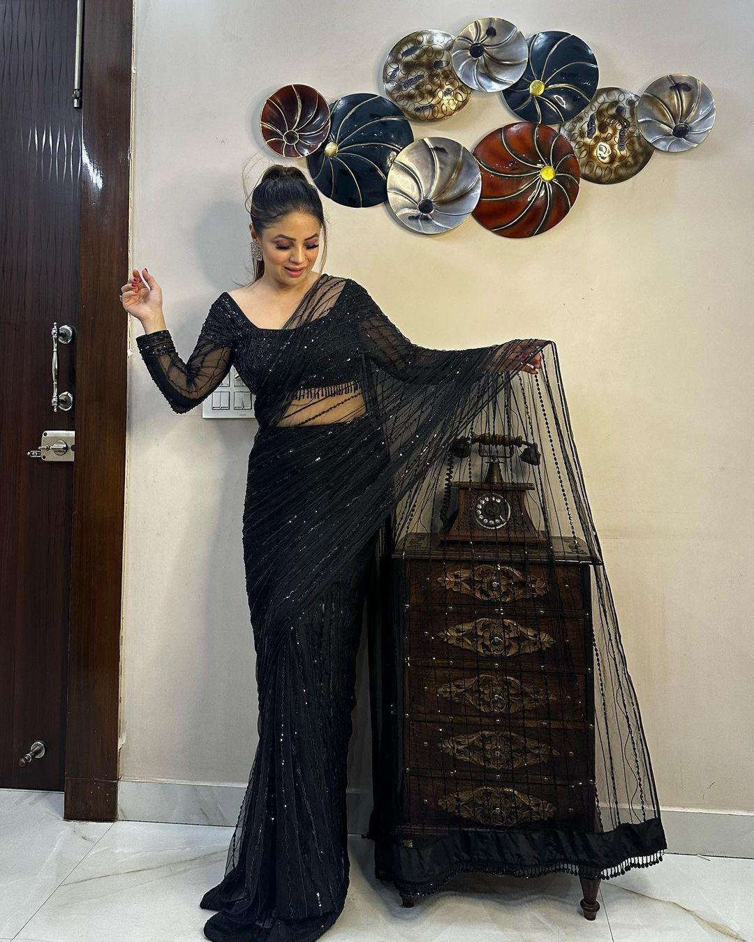 Elegant Heavy Net Sequin Work Ready-to-Wear Saree with Matching Blouse