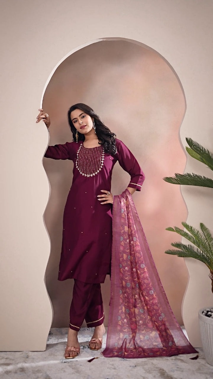 Premium Roman Silk Handwork Suit with Digital Dupatta