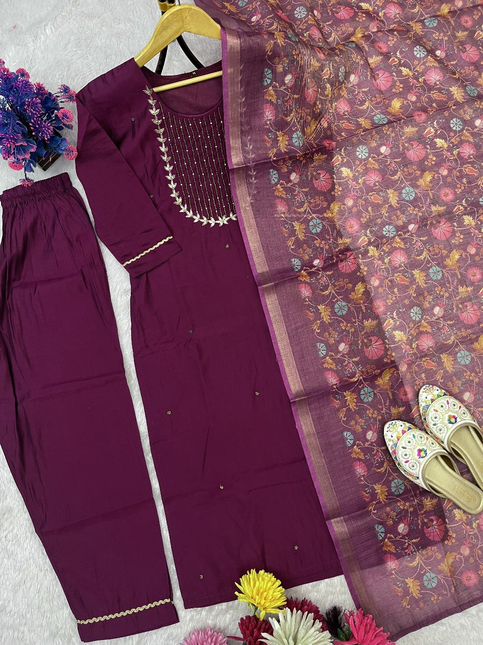 Premium Roman Silk Handwork Suit with Digital Dupatta