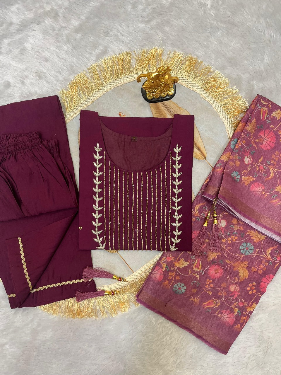 Premium Roman Silk Handwork Suit with Digital Dupatta
