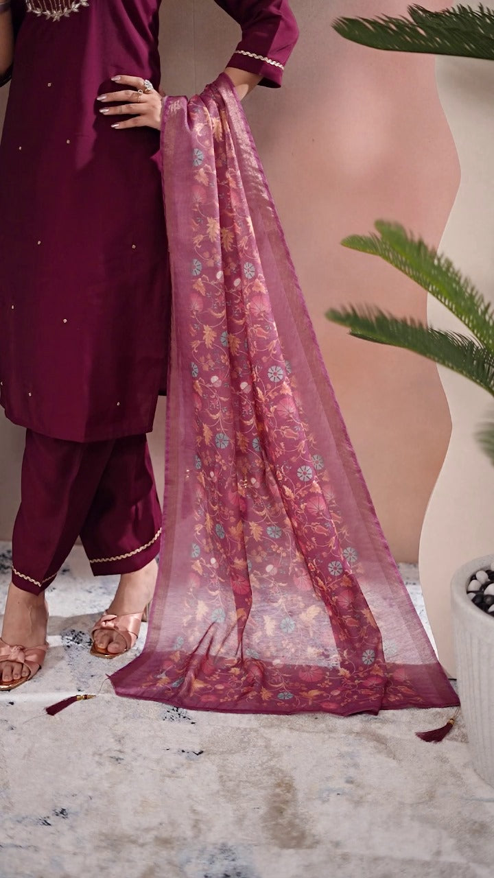 Premium Roman Silk Handwork Suit with Digital Dupatta