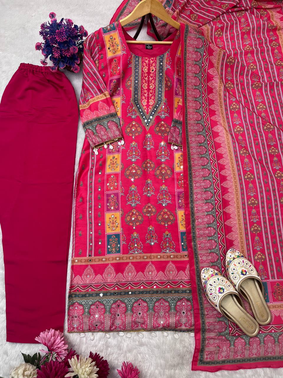 Premium Maslin Mirror Work Top & Dupatta Set with Roman Silk Pant