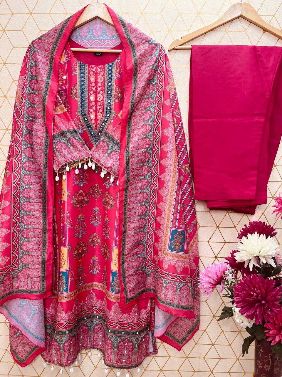 Premium Maslin Mirror Work Top & Dupatta Set with Roman Silk Pant