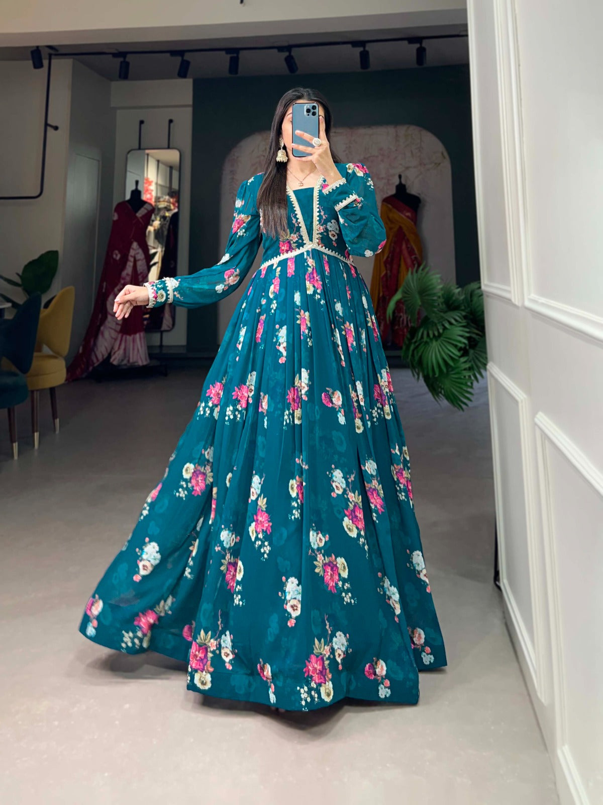 Graceful Wine Floral Print Gown in Georgette Fabric