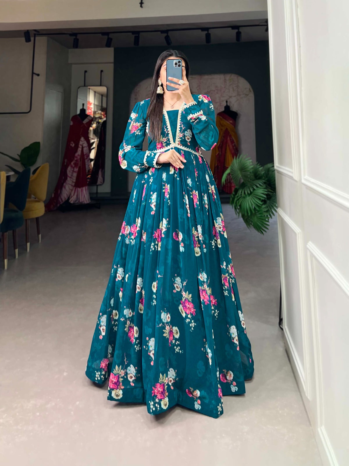 Graceful Wine Floral Print Gown in Georgette Fabric