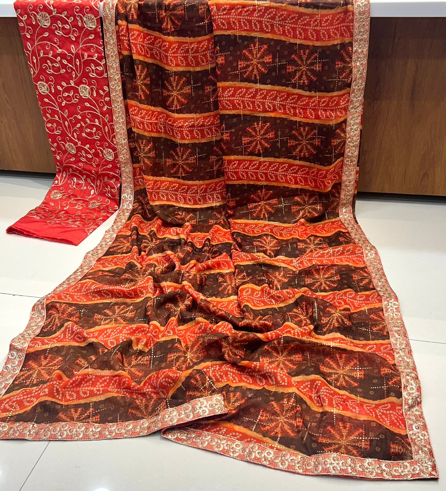 Gerua by Stavan – Pure Chiffon with Embroidery Border & Blouse