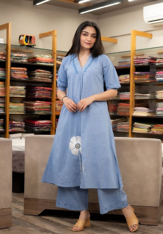 Dreamy Embroidered Flair Cotton Suit Set | Sizes M to 3XL
