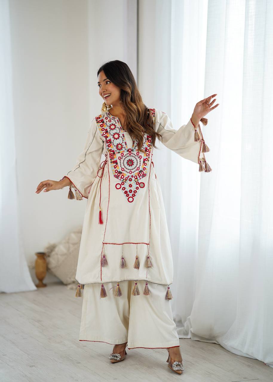 Designer Khadi Cotton 2-Piece Set with Elegant Embroidery