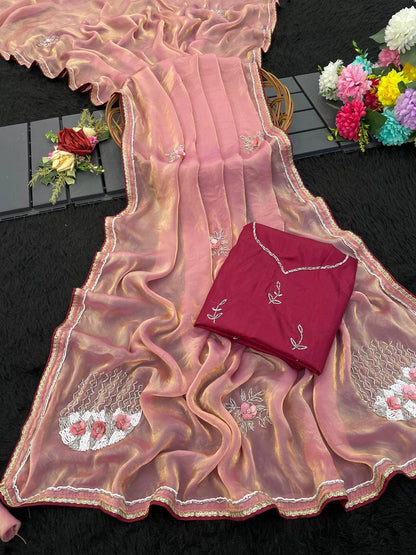 Luxury Bollywood Style Satin Saree with Full Handwork Detailing