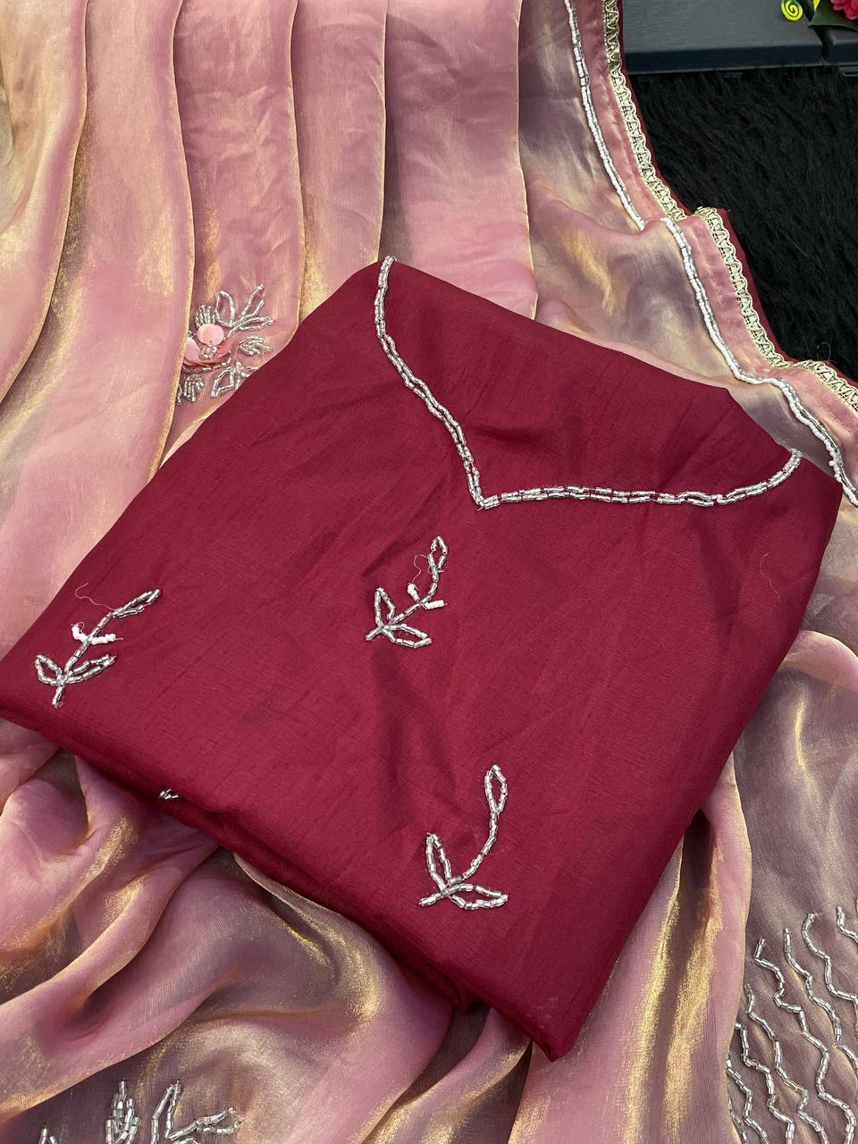 Luxury Bollywood Style Satin Saree with Full Handwork Detailing