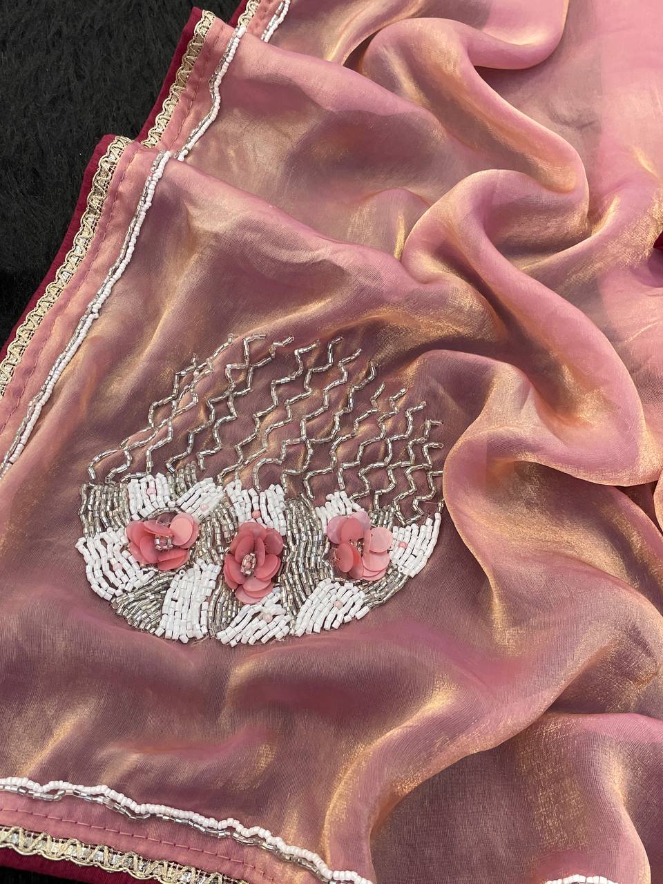 Luxury Bollywood Style Satin Saree with Full Handwork Detailing