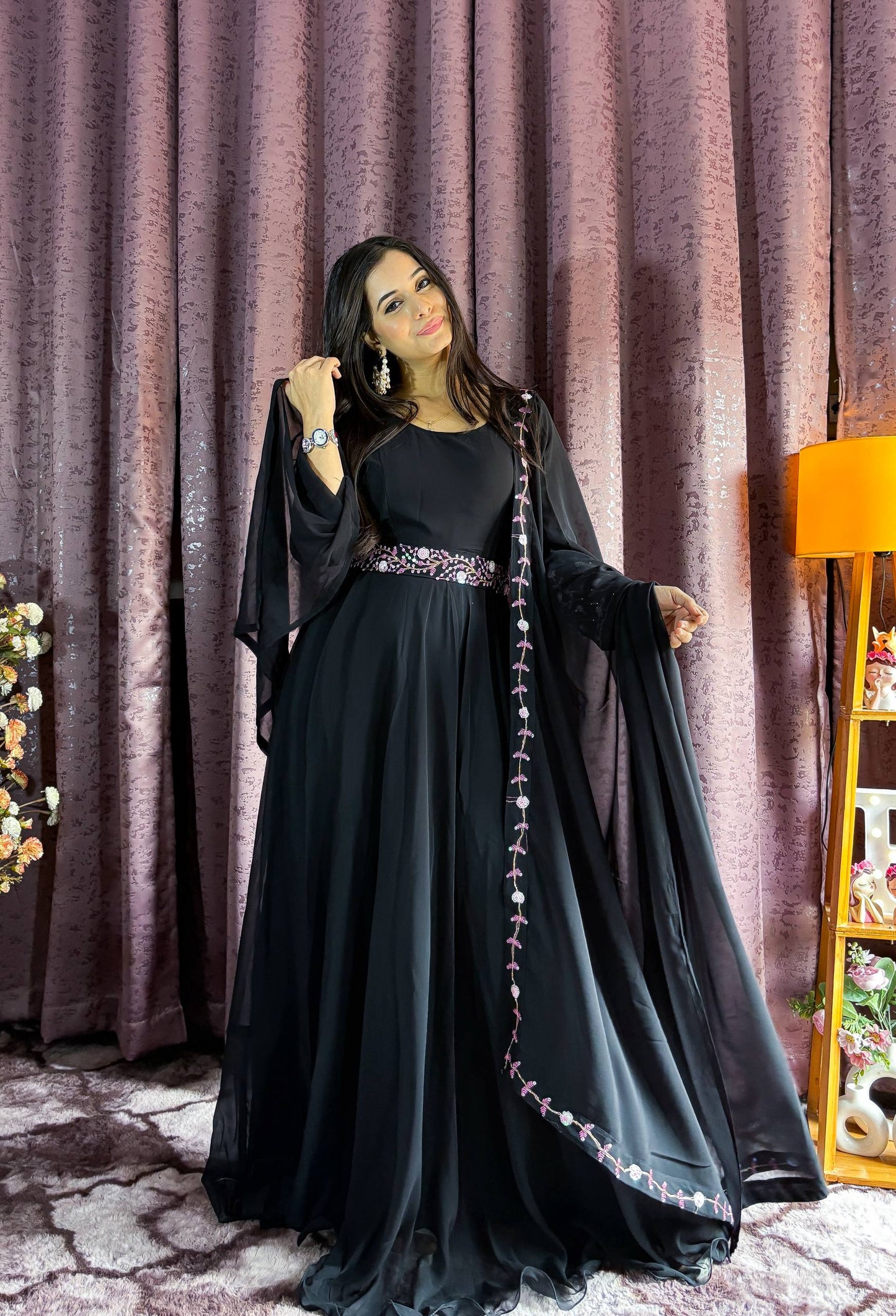 Festive Diwali Party Wear Georgette Gown with Belt