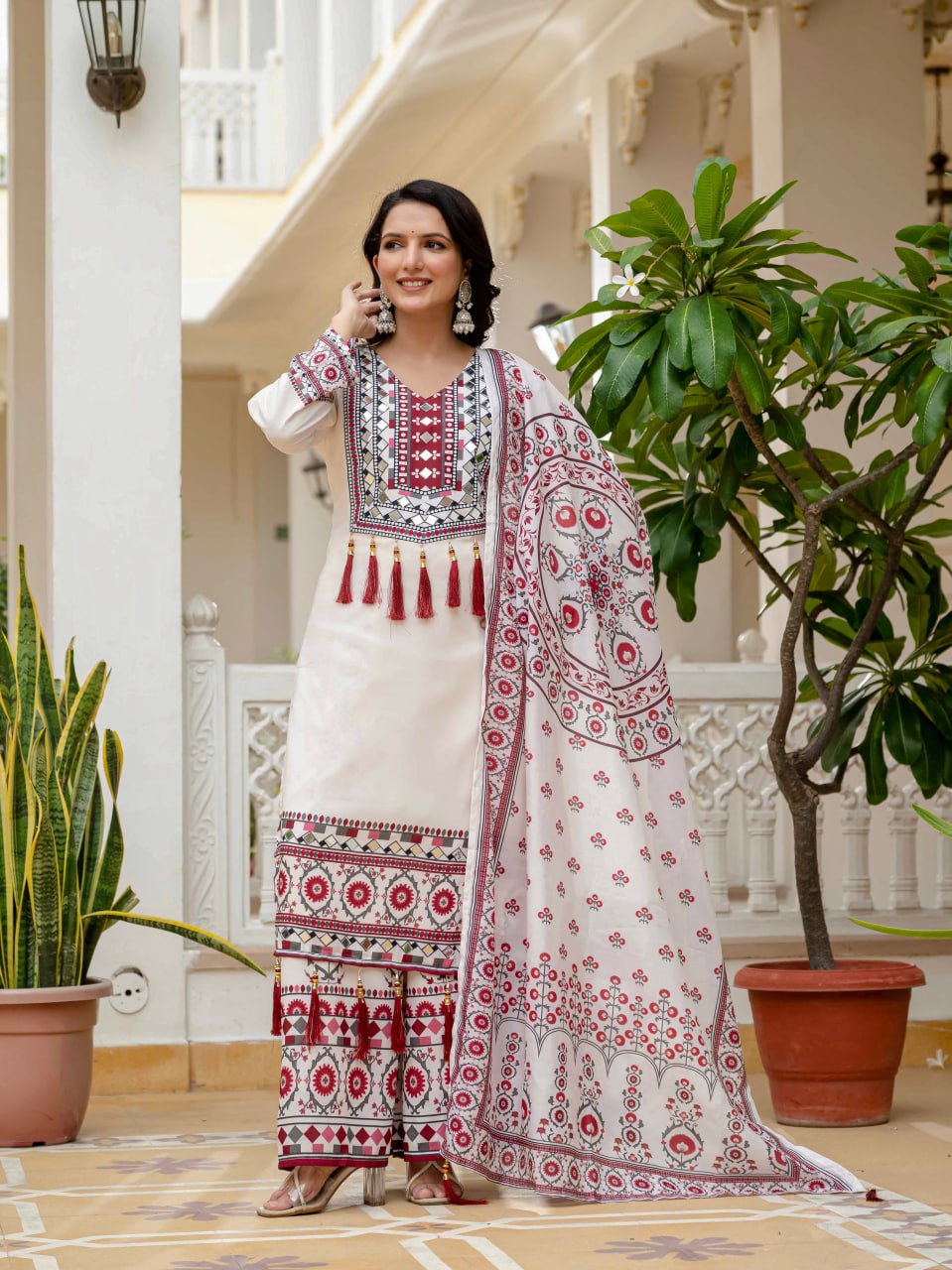Printed Maslin Top with Palazzo and Stylish Dupatta