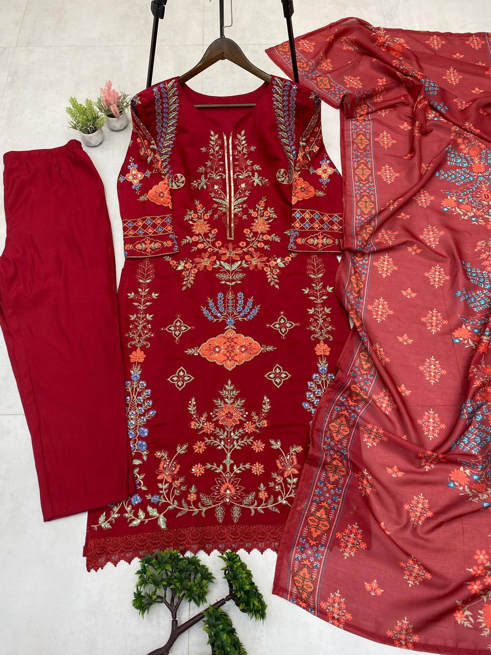 Diwali Special Roman Silk Embroidery Suit Set