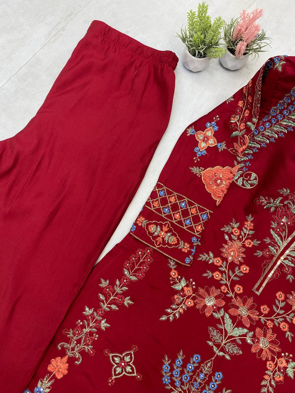 Diwali Special Roman Silk Embroidery Suit Set