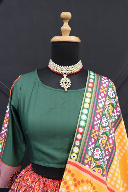 Stylish Digital Printed Butter Silk Lehenga Choli with Mirror Work Dupatta