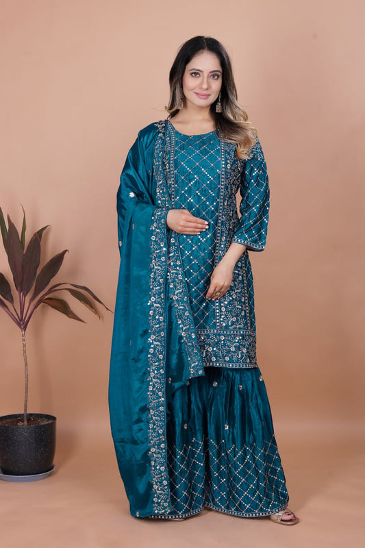 Designer Embroidered Chinon Sharara Set with Dupatta