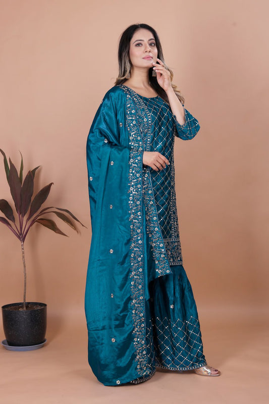 Designer Embroidered Chinon Sharara Set with Dupatta