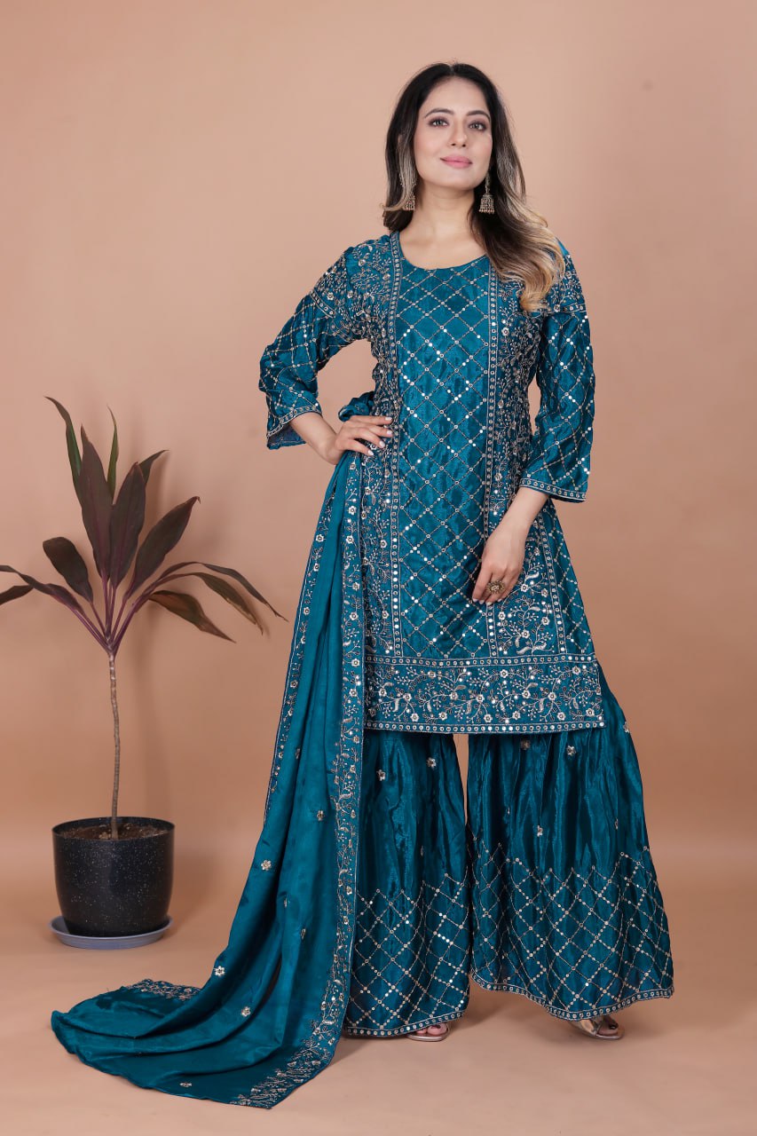 Designer Embroidered Chinon Sharara Set with Dupatta