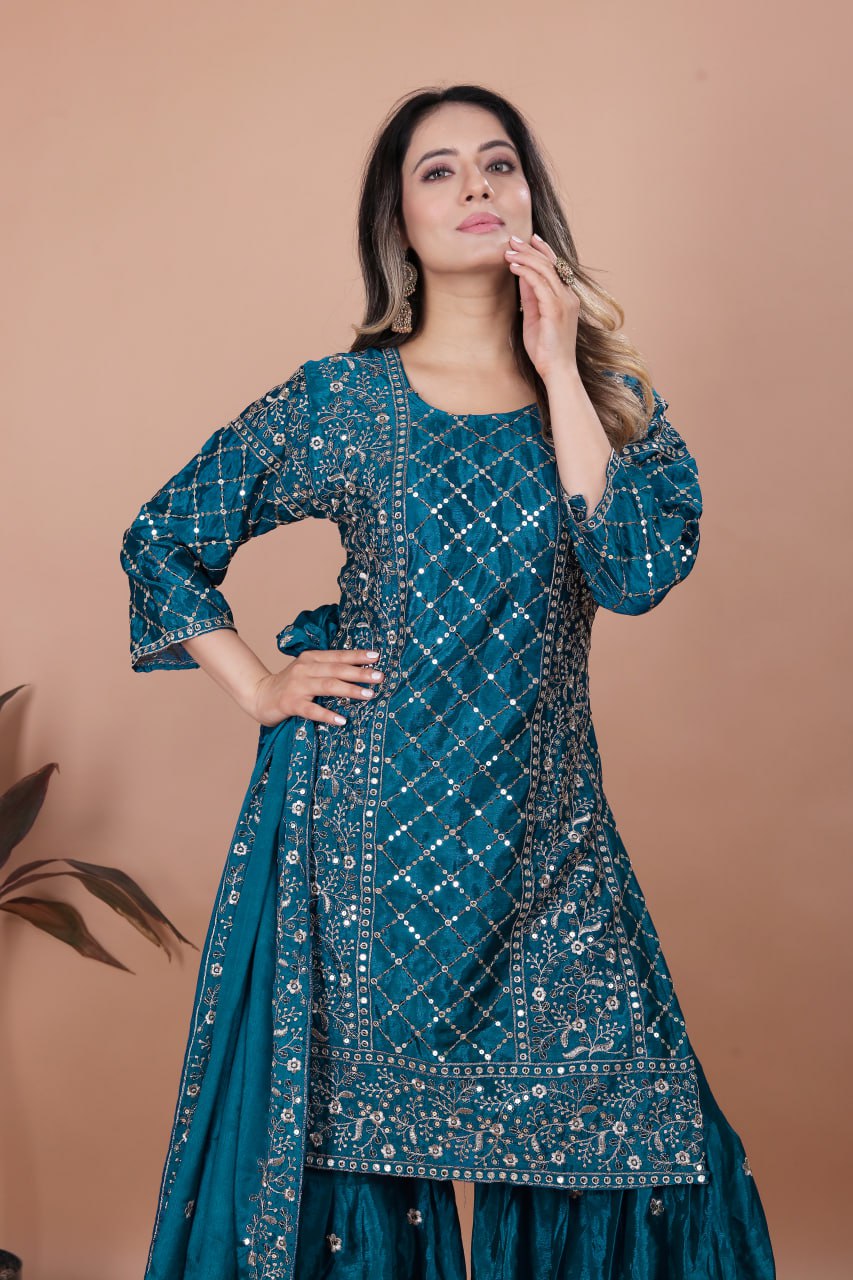 Designer Embroidered Chinon Sharara Set with Dupatta