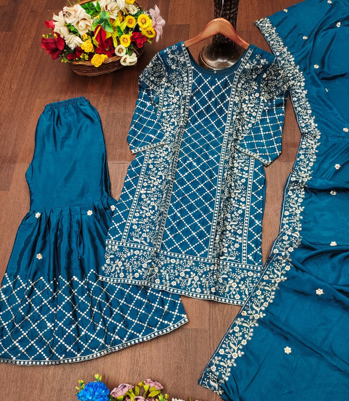 Designer Embroidered Chinon Sharara Set with Dupatta