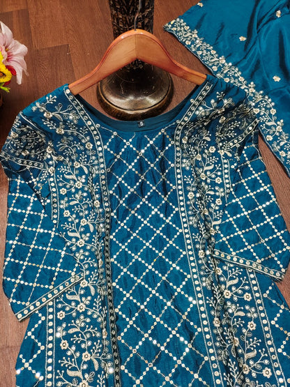 Designer Embroidered Chinon Sharara Set with Dupatta