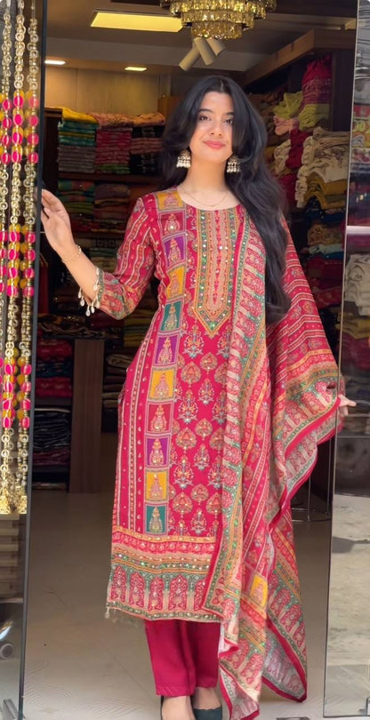 Premium Maslin Mirror Work Top & Dupatta Set with Roman Silk Pant