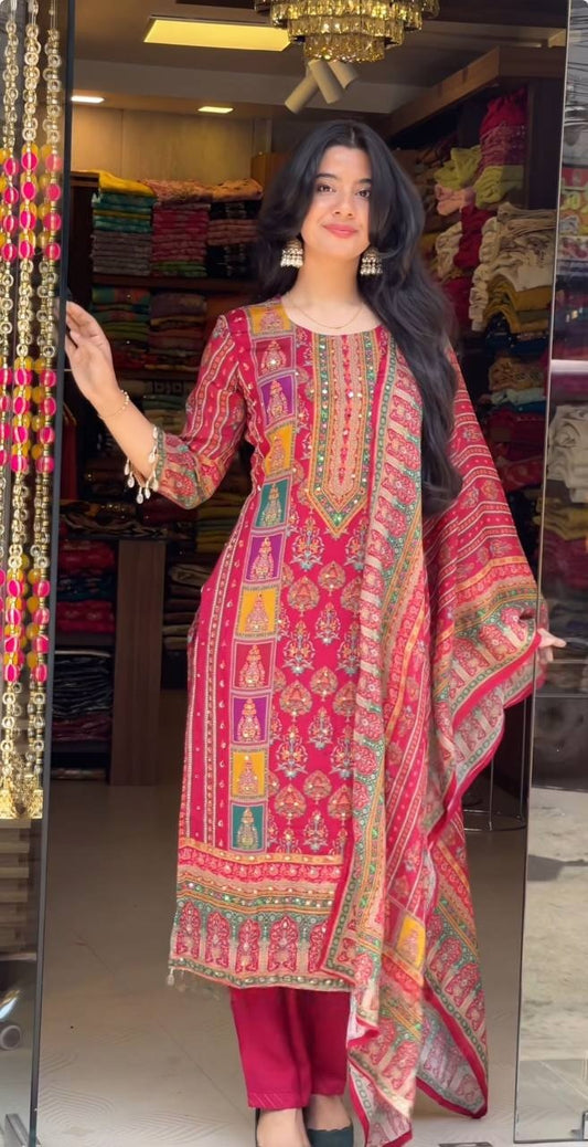 Premium Maslin Mirror Work Top & Dupatta Set with Roman Silk Pant