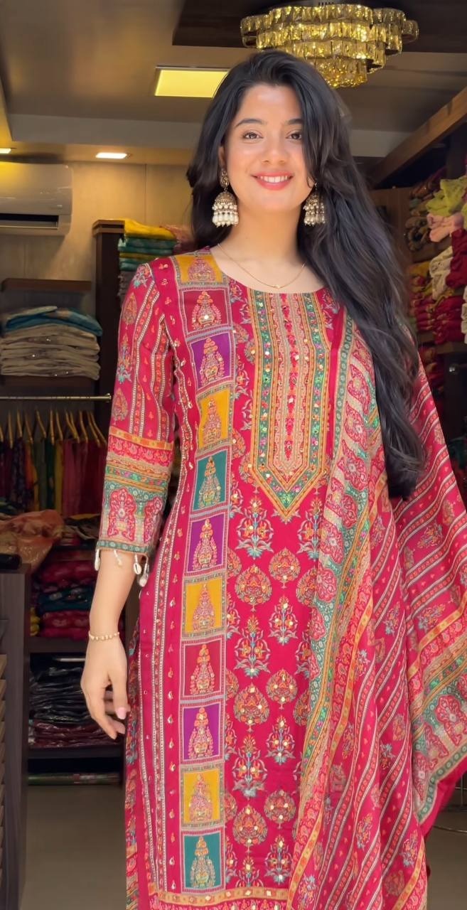 Premium Maslin Mirror Work Top & Dupatta Set with Roman Silk Pant