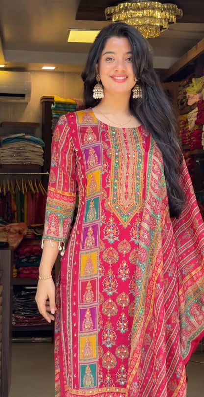 Premium Maslin Mirror Work Top & Dupatta Set with Roman Silk Pant
