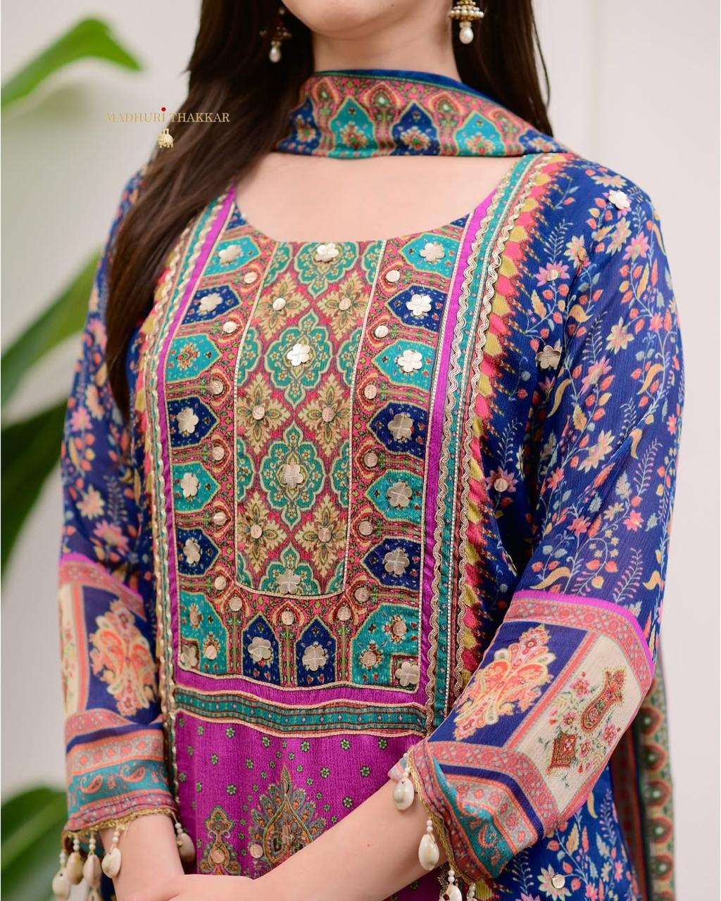 Elegant Chinon Kurti with Dupatta & Stone Work