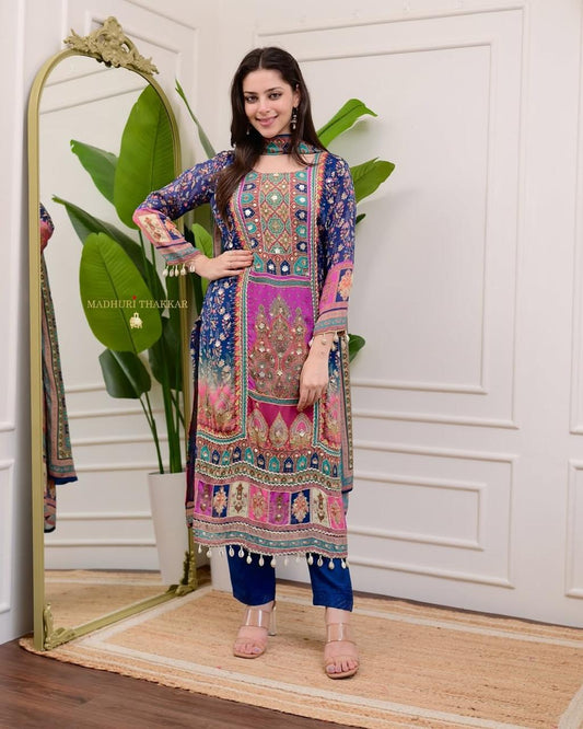 Elegant Chinon Kurti with Dupatta & Stone Work