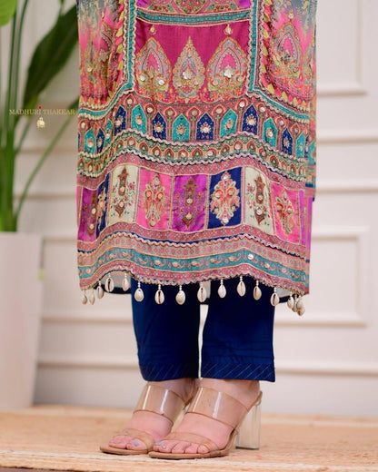 Elegant Chinon Kurti with Dupatta & Stone Work