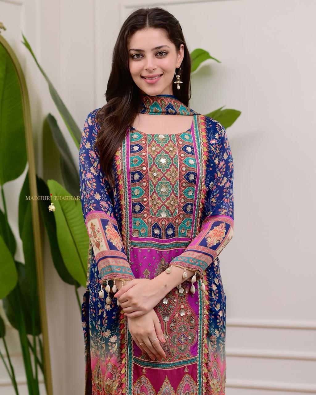 Elegant Chinon Kurti with Dupatta & Stone Work