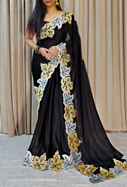Elegant Vichitra Silk Saree with Zari Leaf Work & Banglori Blouse